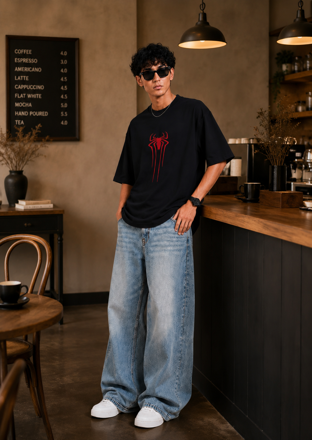 Men Spider Embroidered Cotton Loose Fit Round Neck T-Shirt (Black)