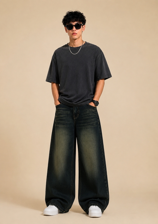 Dark Blue Double Shade Wide Leg Baggy Jeans for Men | Vintage Washed Oversized Denim | Streetwear Loose Fit