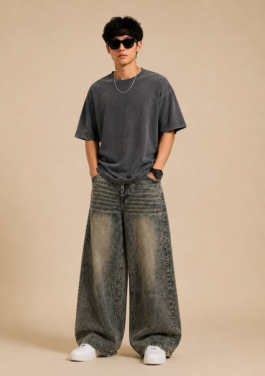 Blueish grain texture wash Shade Wide Leg Baggy Jeans for Men | Vintage Washed Oversized Denim | Streetwear Loose Fit