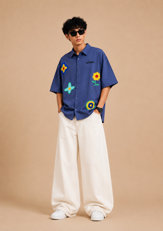 Midnight Bloom Blue Boxy Fit Cotton Shirt for Men | Drop Shoulder Oversized Trendy Shirt
