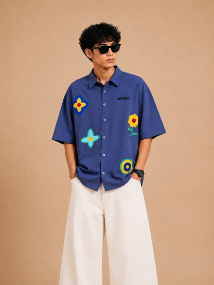 Midnight Bloom Blue Boxy Fit Cotton Shirt for Men | Drop Shoulder Oversized Trendy Shirt