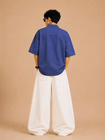 Midnight Bloom Blue Boxy Fit Cotton Shirt for Men | Drop Shoulder Oversized Trendy Shirt