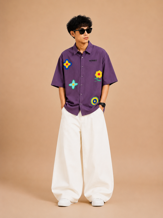 Urban Bloom Purple Boxy Fit Cotton Shirt for Men | Drop Shoulder Oversized Trendy Shirt