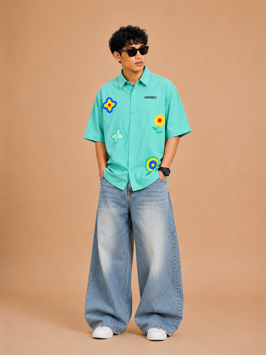 Mint Bloom Boxy Fit Cotton Shirt for Men | Drop Shoulder Oversized Trendy Shirt