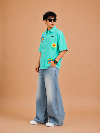 Mint Bloom Boxy Fit Cotton Shirt for Men | Drop Shoulder Oversized Trendy Shirt