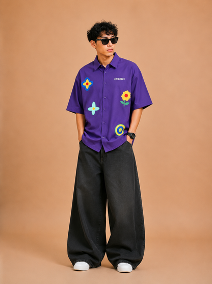 Purple Bloom Boxy Fit Cotton Shirt for Men | Drop Shoulder Oversized Trendy Shirt