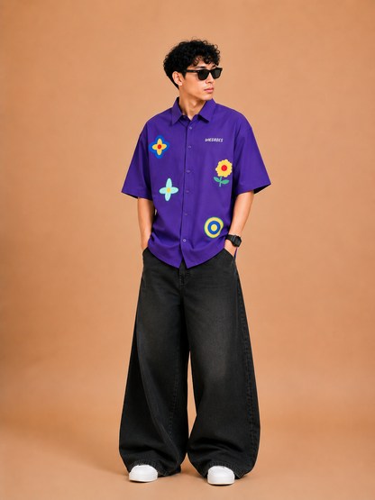 Purple Bloom Boxy Fit Cotton Shirt for Men | Drop Shoulder Oversized Trendy Shirt