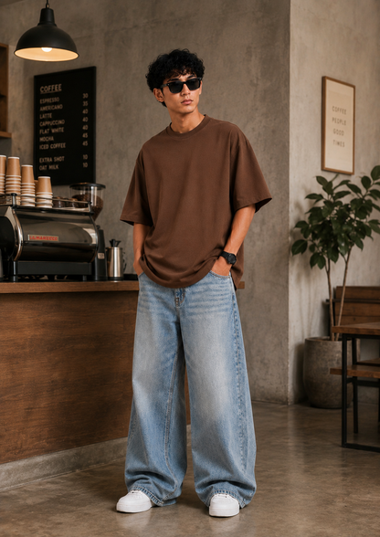 Classic Brown Oversized Drop Shoulder T-Shirt – Premium Cotton Lycra Loose Fit