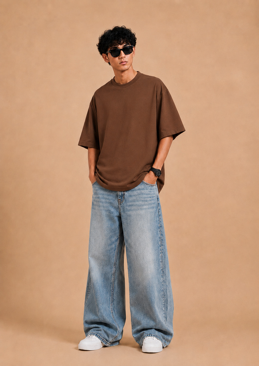 Classic Brown Oversized Drop Shoulder T-Shirt – Premium Cotton Lycra Loose Fit
