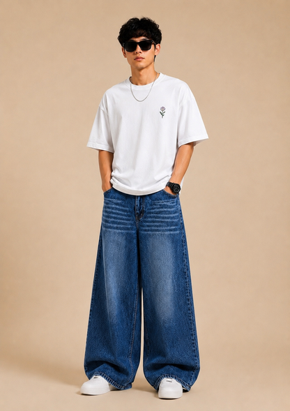 Midnight Frost Wide Leg Denim Jeans – Dark Blue Washed