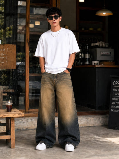 Shadow Fade Wide Leg Denim Jeans – Vintage Washed Black