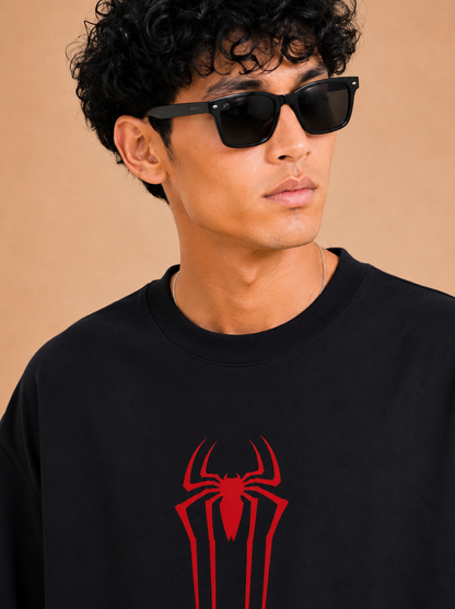 Men Spider  Embroidered Cotton Loose Fit Round Neck T-Shirt (Black)