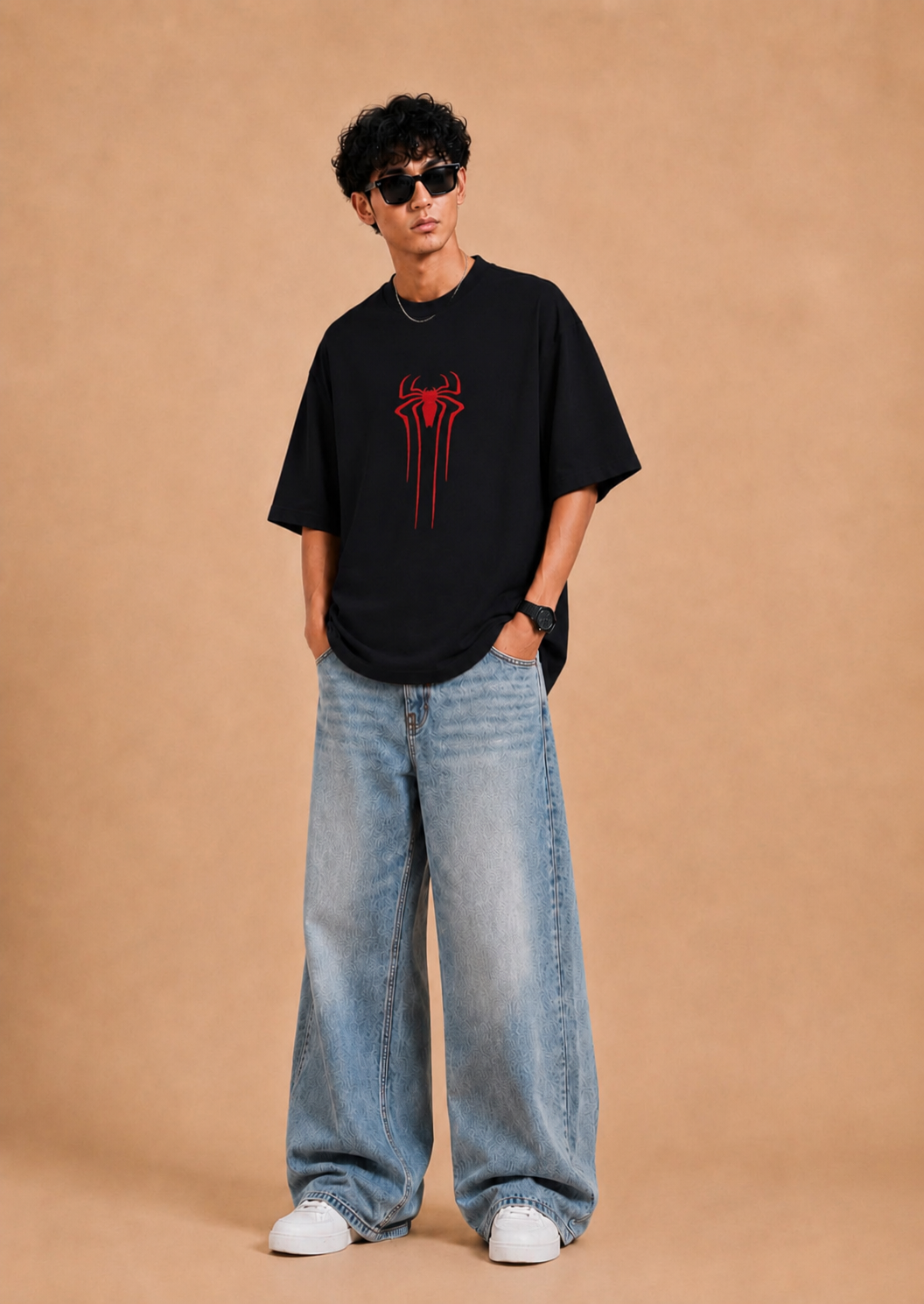 Men Spider  Embroidered Cotton Loose Fit Round Neck T-Shirt (Black)